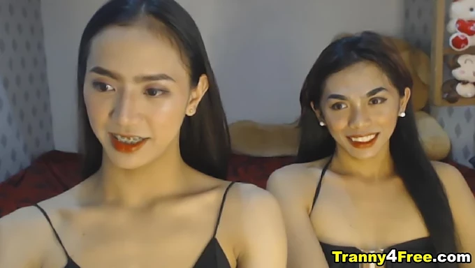 Two thin Asian transgender women perform oral on a big cock on webcam