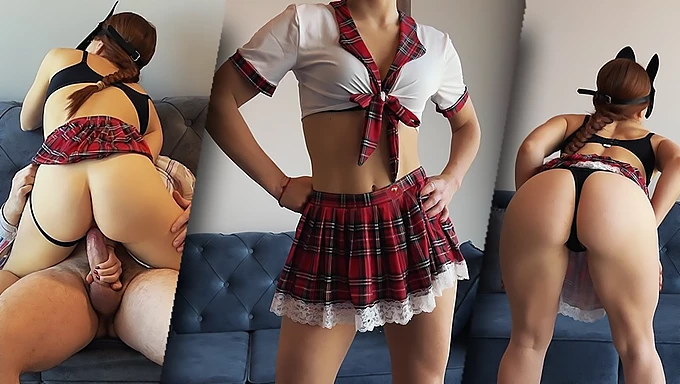 Garota amadora em traje de colegial é servida por seu sugar daddy