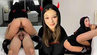 Tmavovláska V Diablovom Kostýme Dostane Masívny Výstrek Po Intenzívnom Sexe Na Halloween